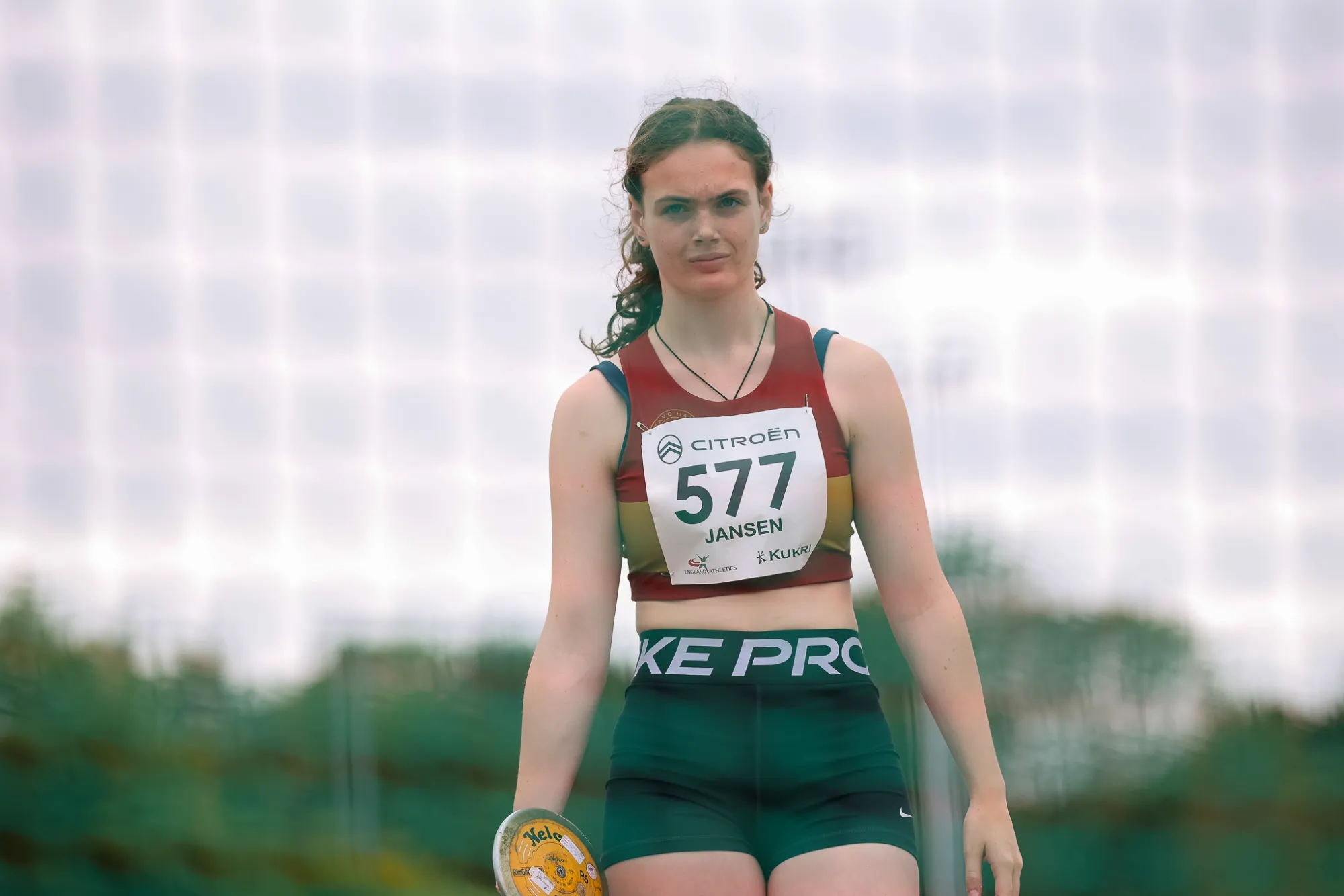 SpeedPro athlete Neva Jansen holding a discus before competing
