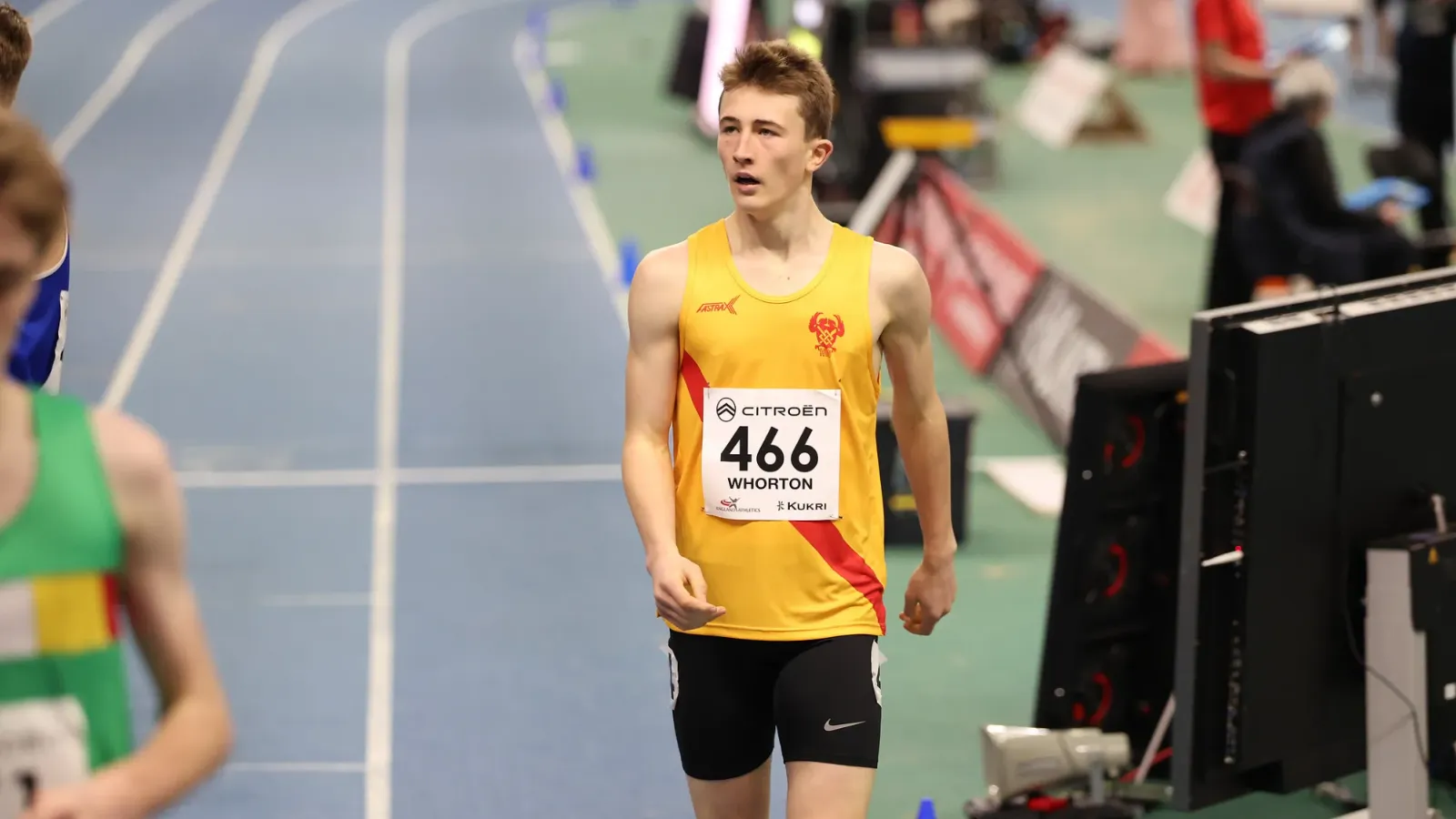 Thomas Whorton on the indoor track after his U17 800m race at the Indoor National Championships