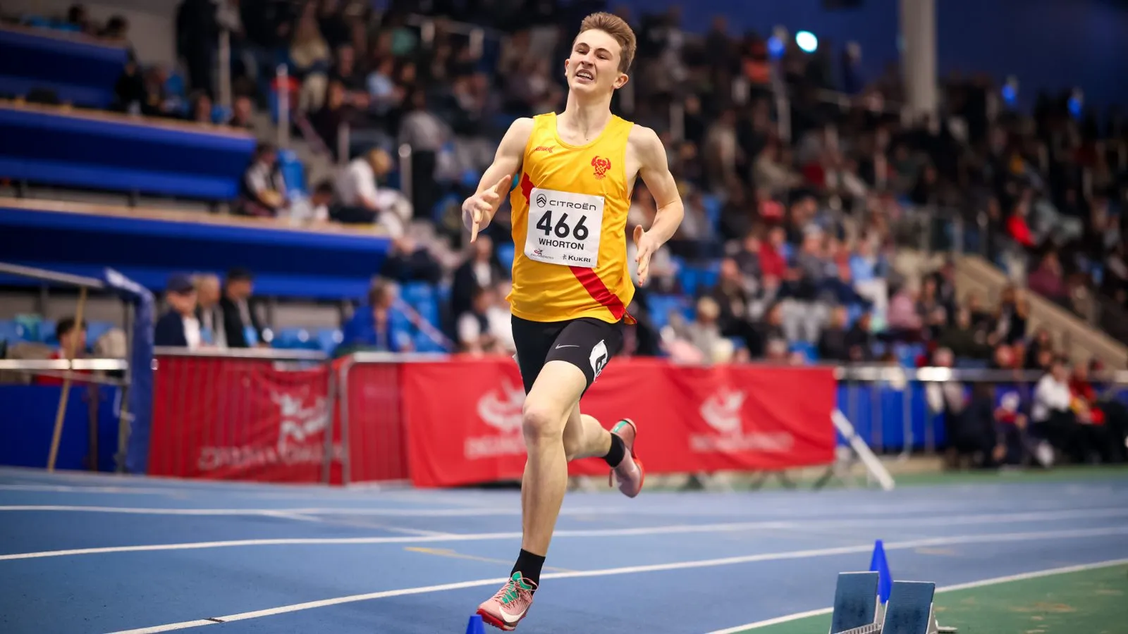 SpeedPro athlete Thomas Whorton driving for the line in the 800m at the indoor national championships