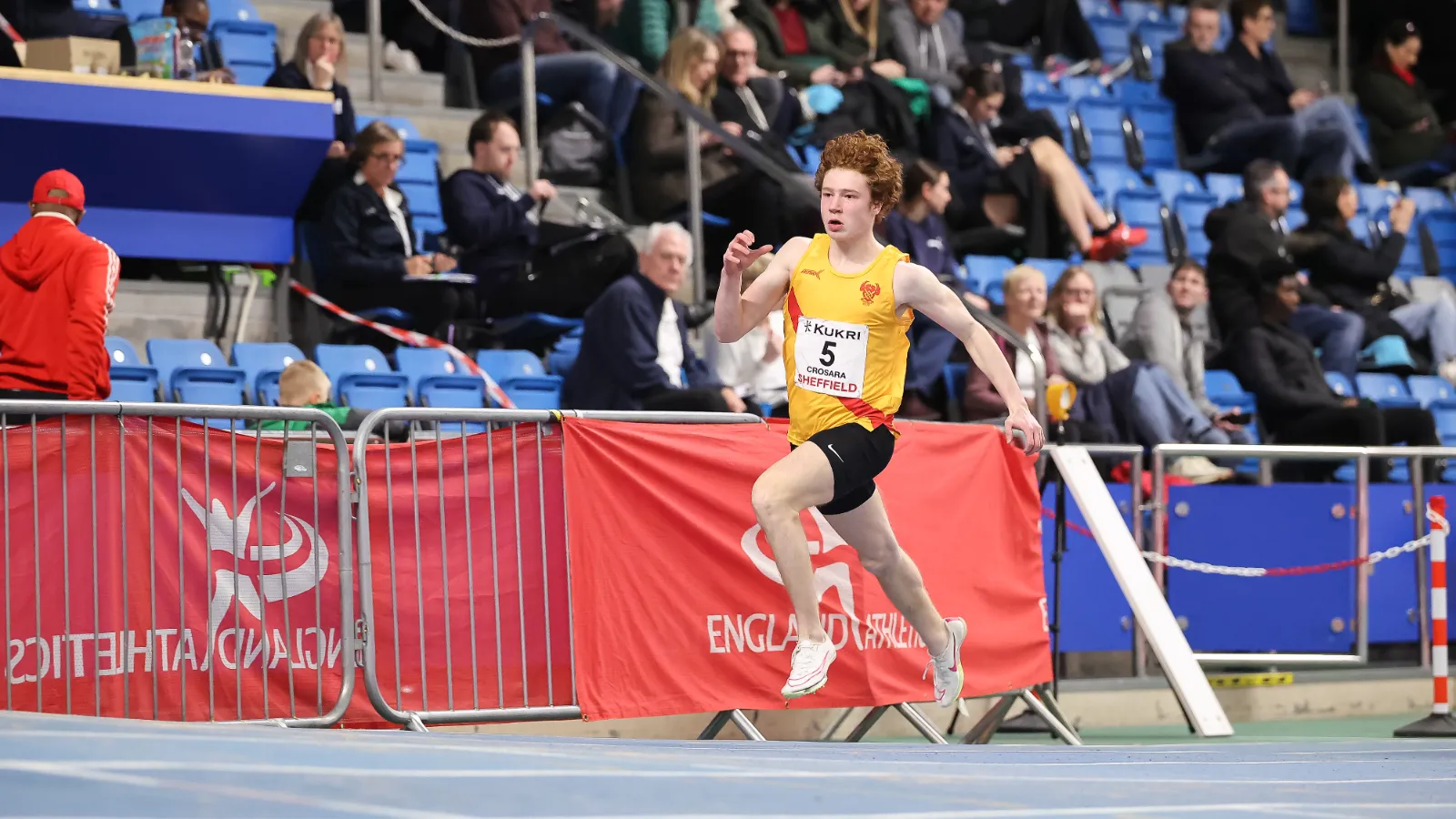 SpeedPro athlete Tommaso Crosara, number 5, racing at the 2025 National Indoor Championships in Sheffield