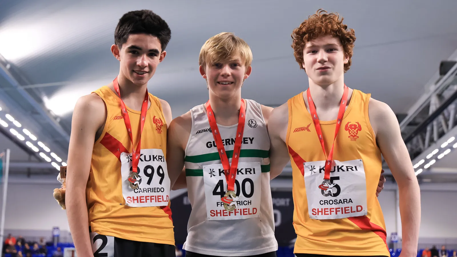The U15 300m medallists at the Indoor National Championships in Sheffield, with Tommaso Crosara on the right holding his silver medal