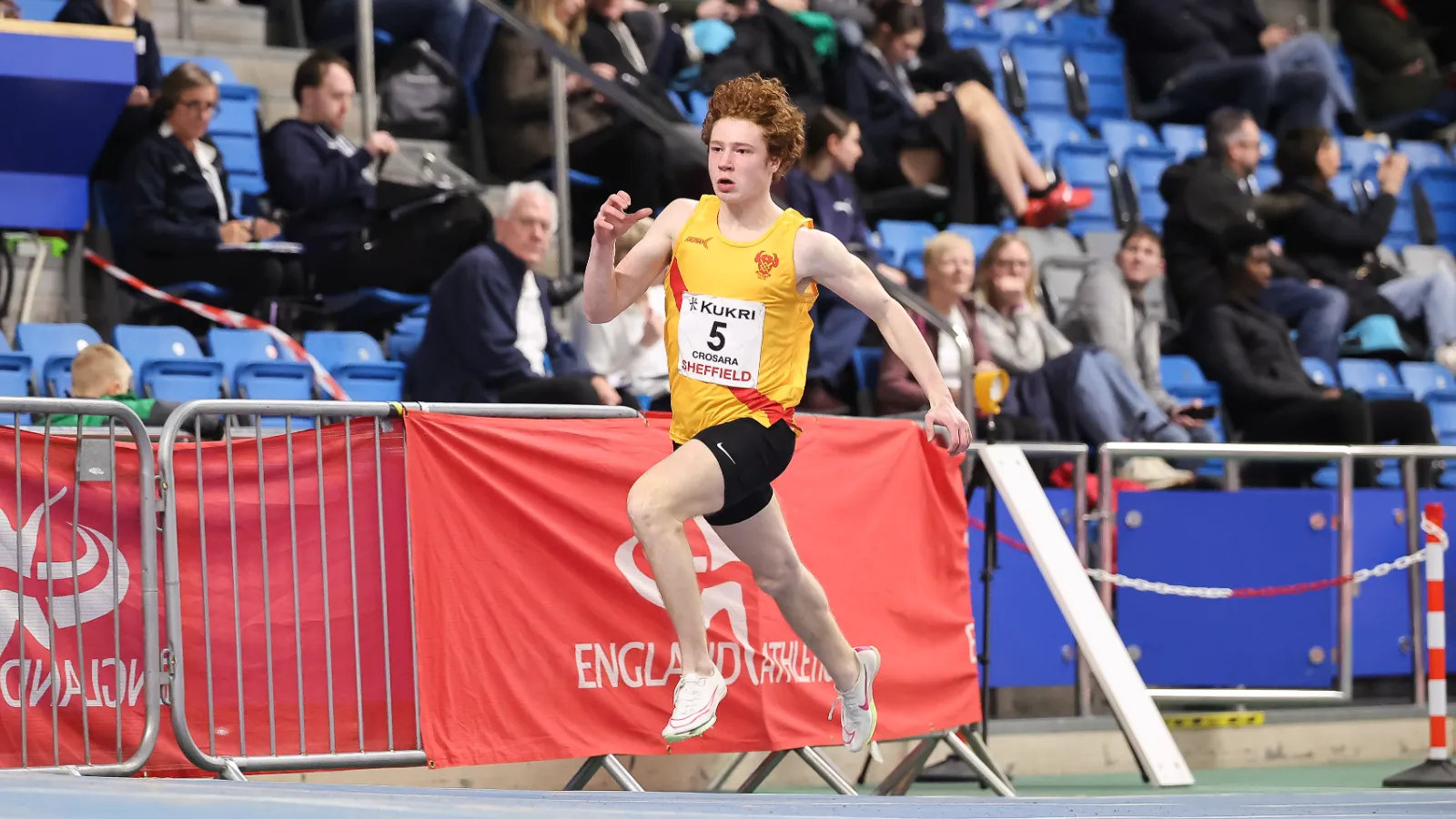 SpeedPro athlete Tommaso Crosara racing the 300m at the Indoor National Championships in Sheffield