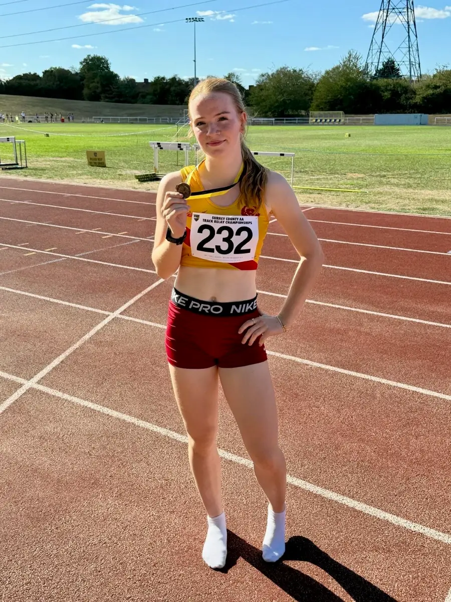 SpeedPro athlete Amelia Barnes with her U16 4x300m relay bronze medal at the 2026 Surrey County Relay Championships