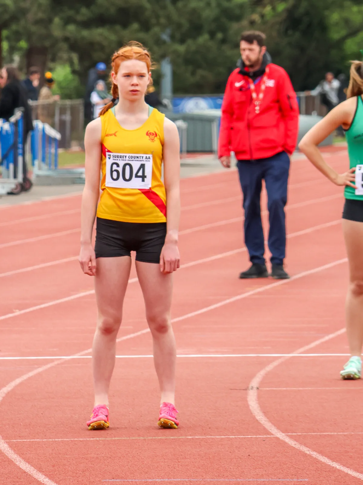 SpeedPro athlete Beatrice Eminson on the start line at the 2026 Surrey County Track and Field Championships