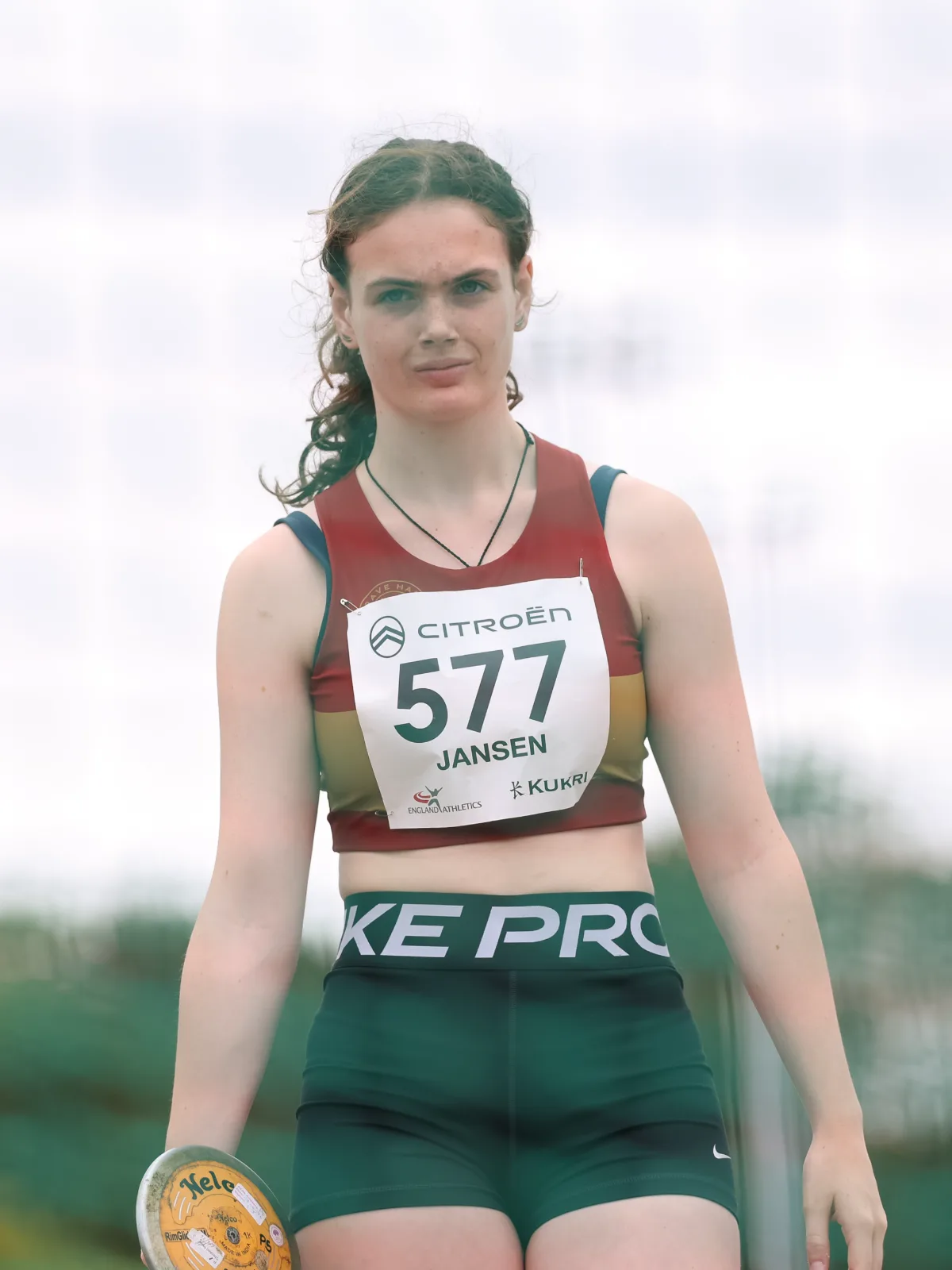 SpeedPro athlete Neva Jansen of Belgrave Harriers with her discus at the 2026 U18 National Championships