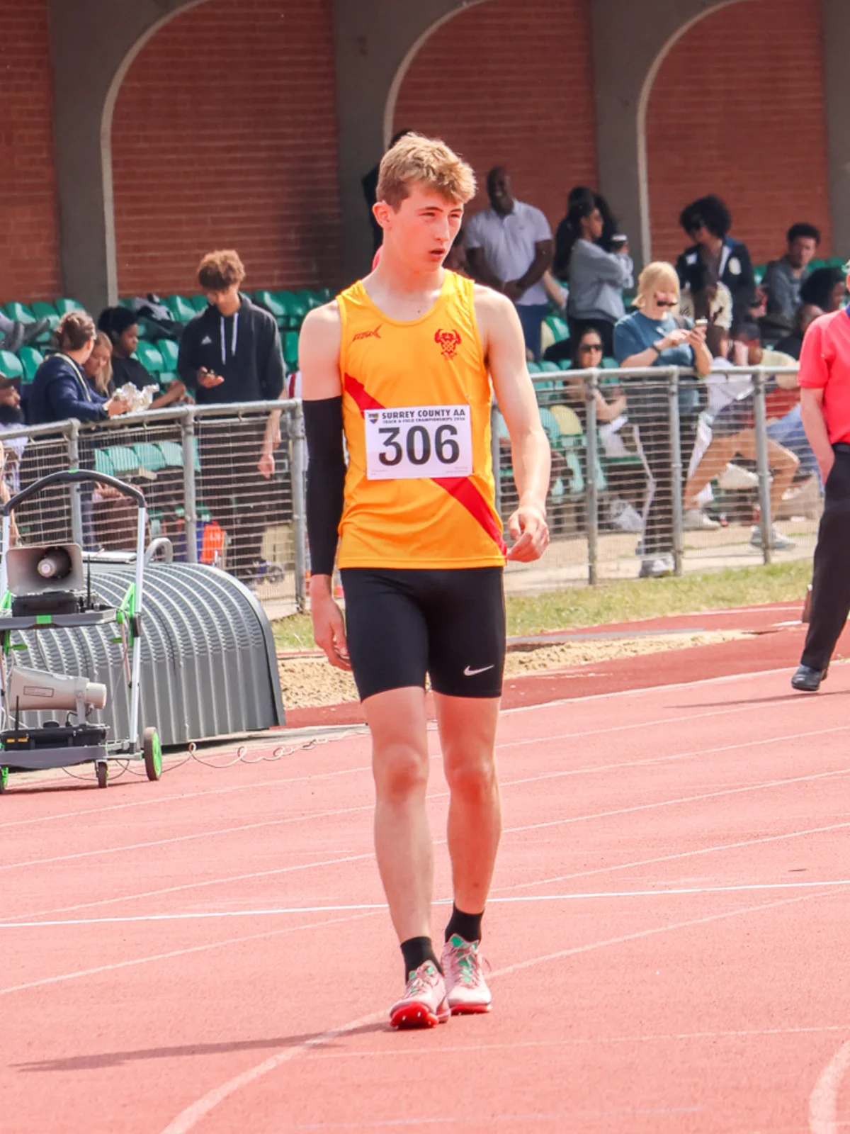 SpeedPro athlete Thomas Whorton on the track at the 2026 Surrey County U18 Track and Field Championships