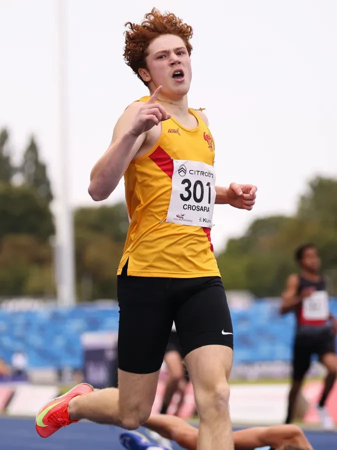 SpeedPro athlete Tommaso Crosara celebrating as he wins the 2025 national U15 300m title