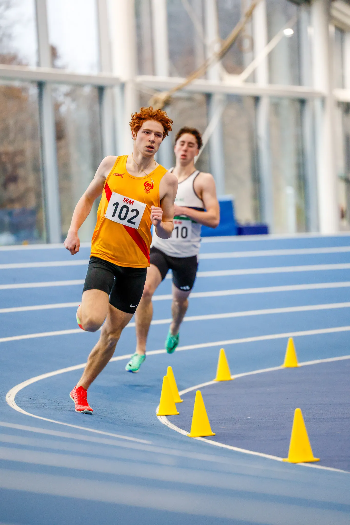 SpeedPro athlete Tommy Crosara racing the 400m at the 2026 SEAA Indoor Championships