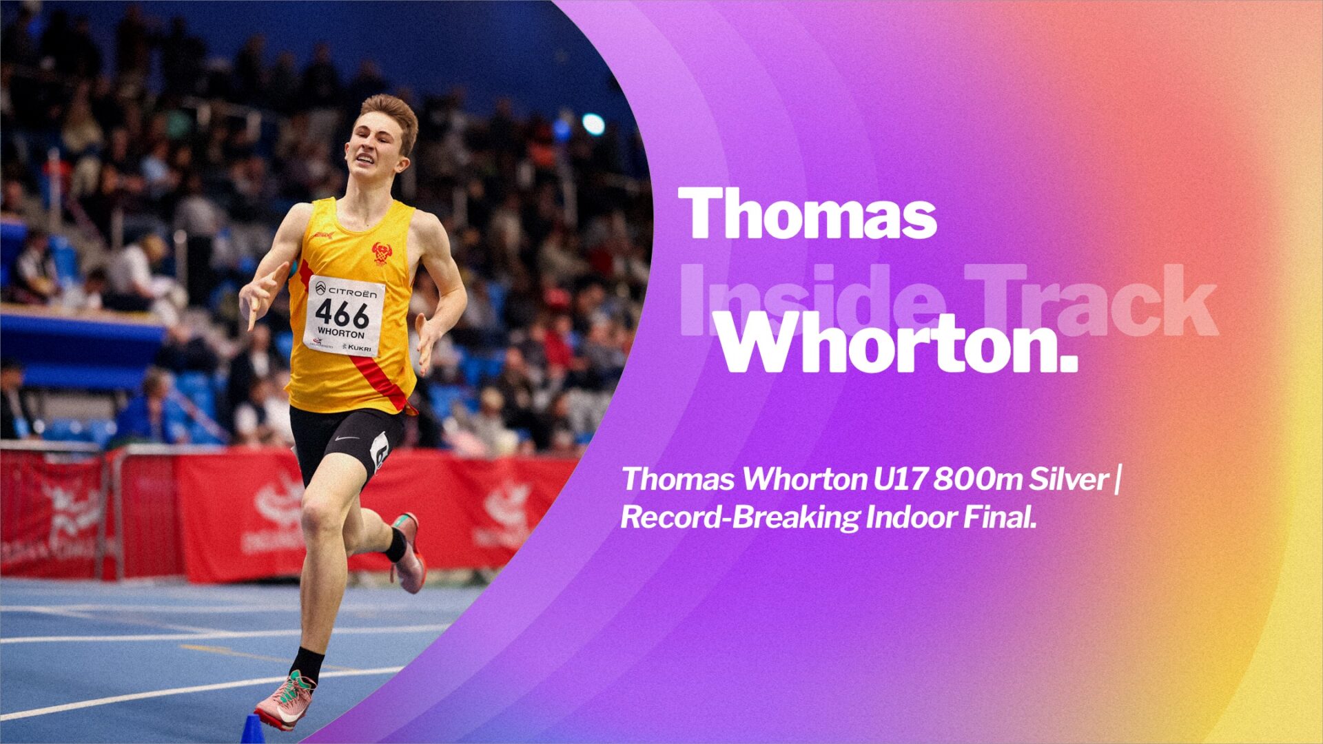 Thomas Whorton racing in the U17 800m final at the Indoor Championships, winning silver in 1:56.39.