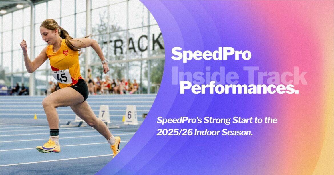 SpeedPro athletes competing in indoor track races during the 2025 indoor season at Lee Valley.