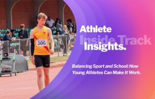 Young athlete studying at a desk with running shoes nearby, representing balancing sport and school