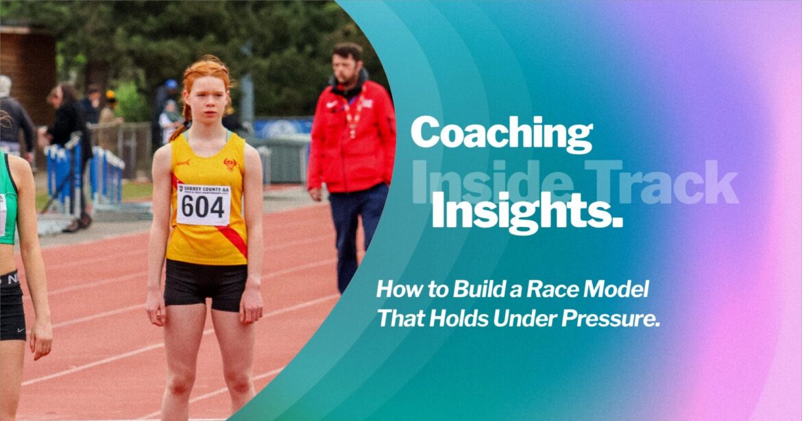 Young sprinter in starting blocks on an athletics track, preparing to execute a race model for sprinters and middle-distance athletes under championship conditions.
