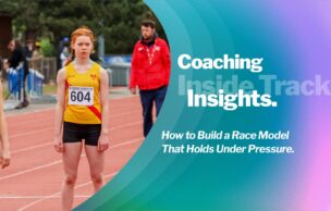Young sprinter in starting blocks on an athletics track, preparing to execute a race model for sprinters and middle-distance athletes under championship conditions.