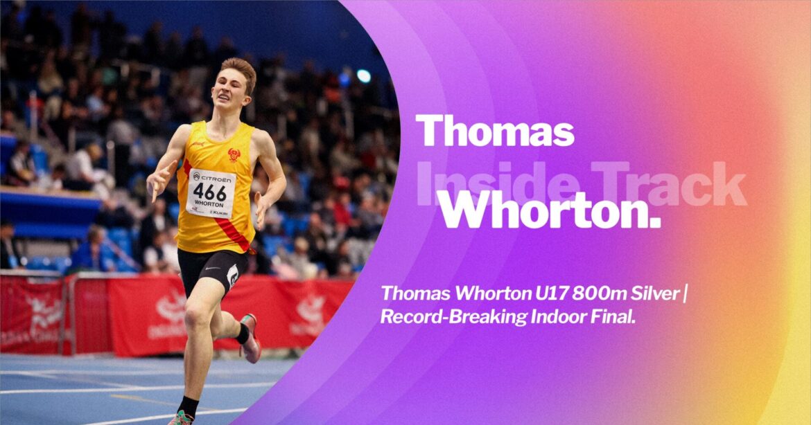 Thomas Whorton racing in the U17 800m final at the Indoor Championships, winning silver in 1:56.39. {{brizy_dc_image_alt entityId=